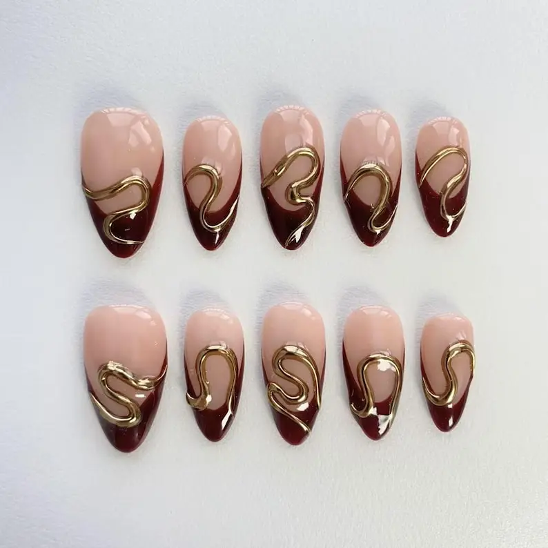 Yunara Nails - French Angora Red Press on nails short almond nails - Gold 3D Chrome Nails - Burgundy nails - Daily Nails - French nails - Birthday Nails - Fall nails