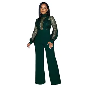 Women’s sequin mesh high-neck jumpsuit with long sleeves, sheer bodice, wide-leg trousers