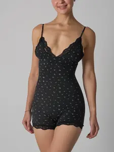 Black Print Lace Spaghetti Strap Triangle Onesie Women | Fits Everybody, Stretchy & Flattering, Sheer Lace Detail, Slimming Fit, Perfect for Layering or Wearing Alone