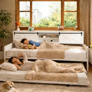 Farmhouse Metal Heavy Duty Bed Frame, Twin Daybed with Trundle Bed for Kids, Space Saving Pop-up Bed Frame with Storage Headboard & Shelves for Bedroom, Guest Room Quiet Sturdy Bedframe Furniture Modern Style