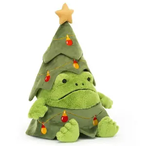 Christmas Rain Frog Plush Toy with Festive Tree Hat and Star Topper for Holiday Decorations