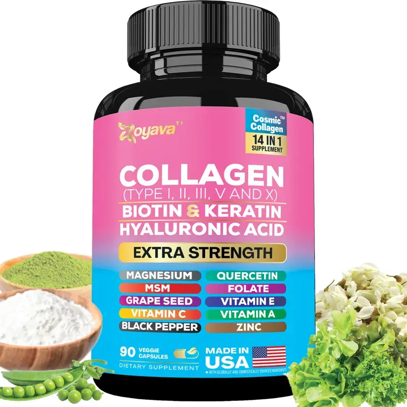 Zoyava Multi Collagen Complex Capsules, Type I II III V X Collagen with Biotin, Keratin & Hyaluronic Acid, 14-in-1 Extra Strength Beauty Supplement for Hair Skin Nails Joint Health, 90 Capsules, Made in USA Collagen supplement for women men