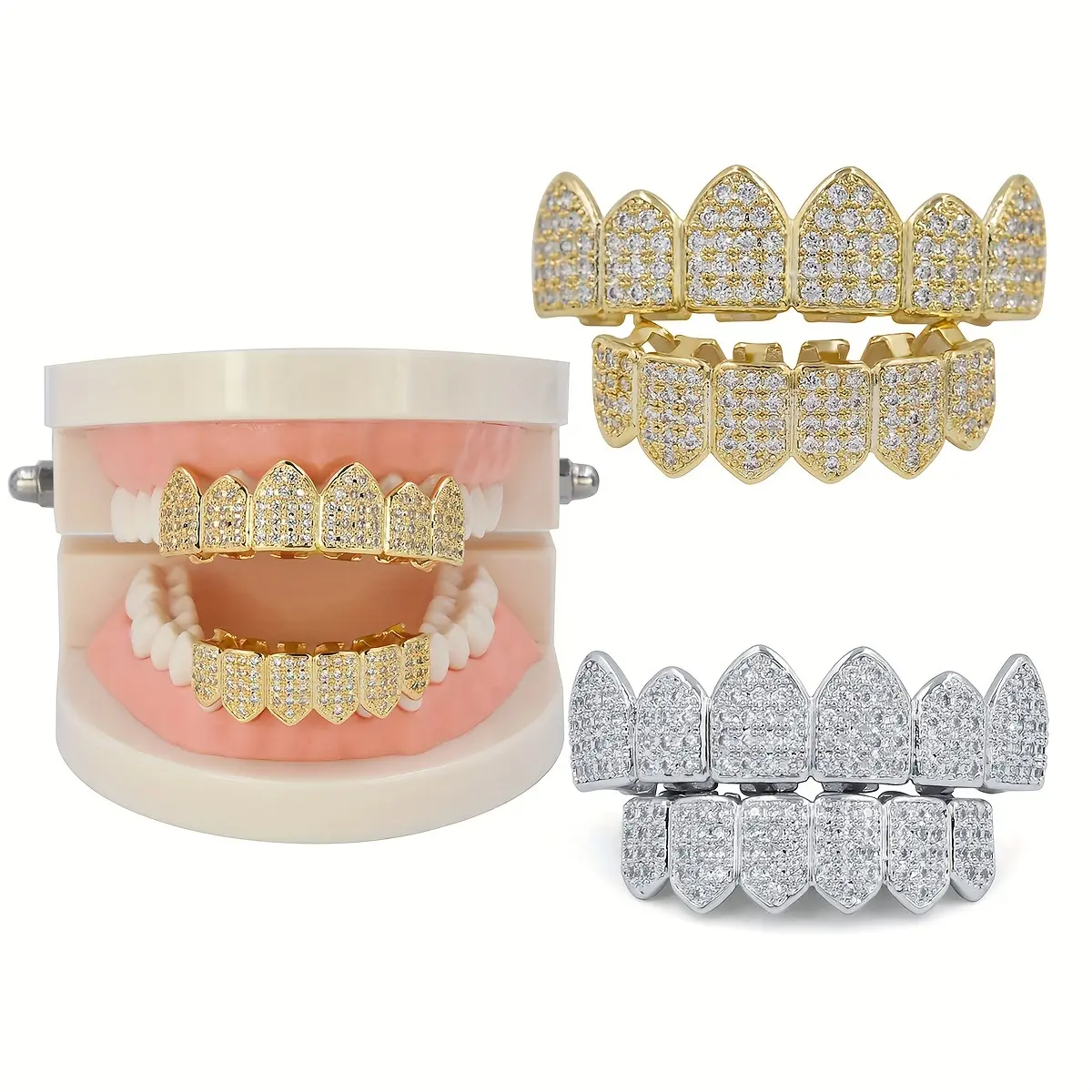 MARS2059 Golden Plated Iced-out Tooth Grillz, 1 Set Hip Hop Top Bottom Teeth Cap for Men and Women, Gold Grillz Decoration Party Accessories