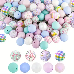 50PCS 15mm Silicone Beads Set Dopamine Color Combination Printed Silicone Beads Spring Colorful Flower Pattern Beads for DIY Pen Accessories Necklace Bracelet Keychain Phone Strap and Other Accessories Beads