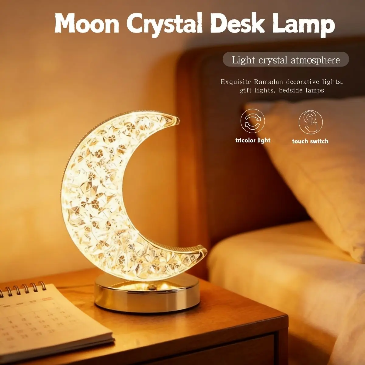Crystal Moon Lamp, Decorative Atmosphere Lamp, Tabletop Decorative Light, Ramadan Home Decoration, Bedside Nightlight, Bedside Table Lamps, USB Rechargeable Touch Switch, 3 Color Adjustable