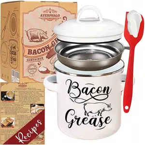 46 OZ Bacon Grease Container With Strainer And Spatula, Stainless Steel Strainer, Enamel Oil Container, PotFat Storage With Lid