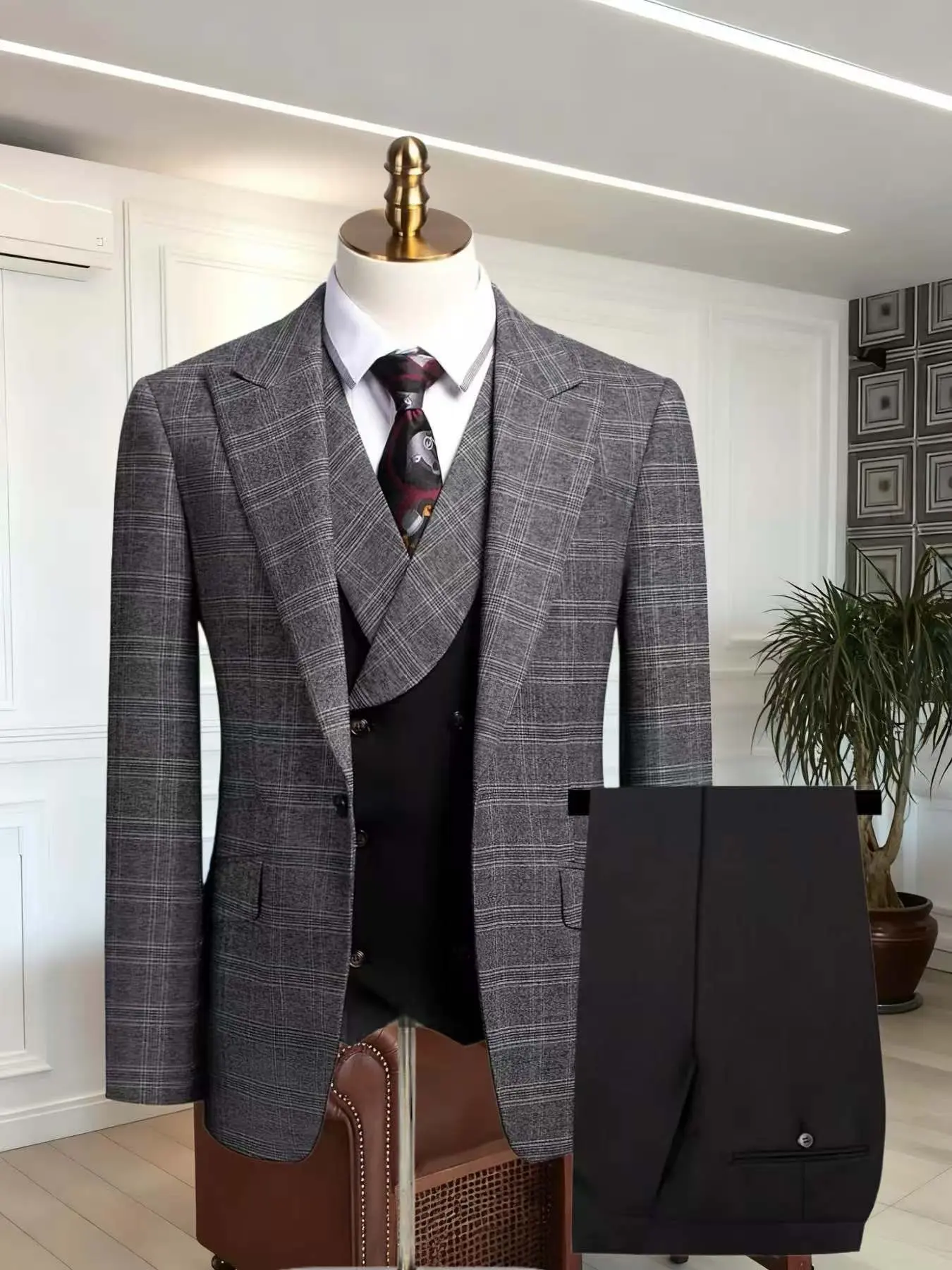 Wedding Men's Suit Plaid 3pcs Set Jacket + Vest + Pants, business, Casual, Formal Suits, Formal Slim Fit, Formal Business Attire