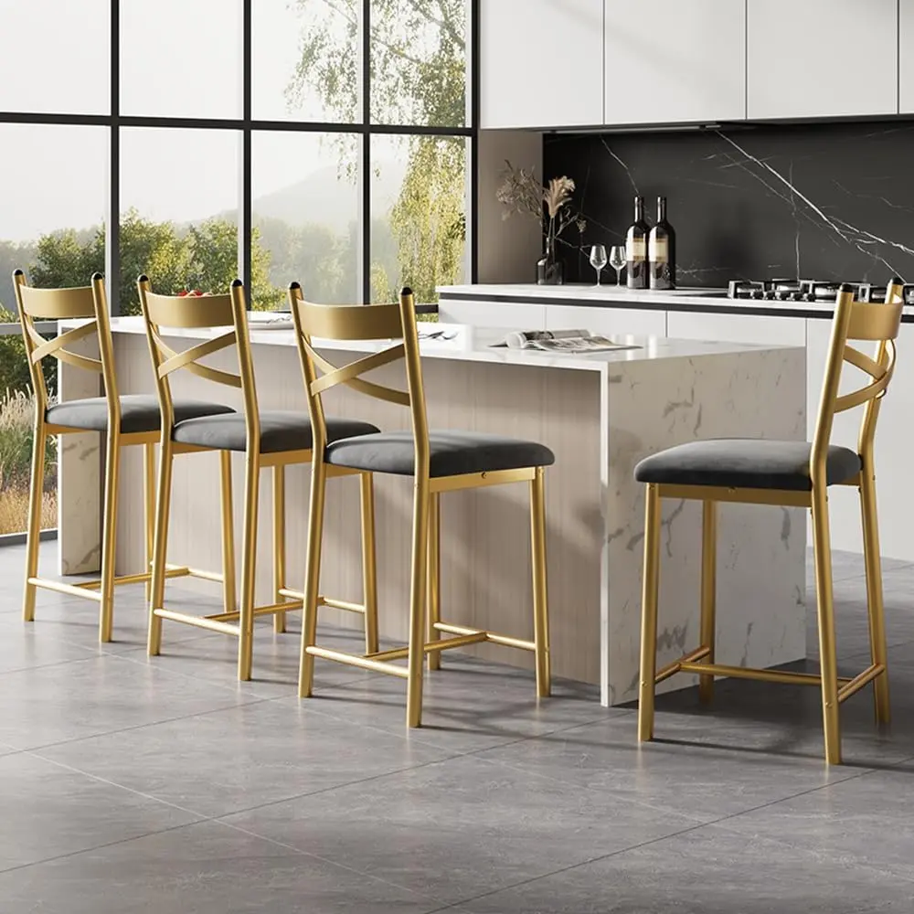 Garvee Set of 4 Modern Counter Height Bar Stools – 26 Inch PU Leather Upholstered Dining Chairs – X-Back, Thick Cushioned Seat & Footrest – Sturdy Metal Frame, 300 lb Capacity – For Kitchen Island, Dining Room, Restaurant