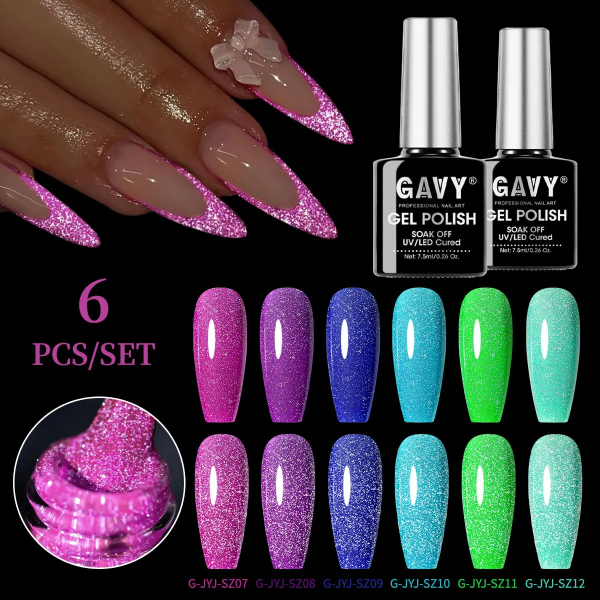 GAVY 6 Pack Neon Shimmer Glitter Gel Nail Polish Set-1 - 5-Free UV LED Soak Off, Fluorescent Glow-in-Dark, Glossy Long-Lasting, French Wipe-Ready Nail Art Manicure Kit for Rave Festival, Cosmetic Gift, Nail Care, Mint