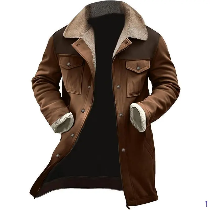 Mens Western Cowboy Jacket Vintage Suede Jacket Long Trench Coats Zip Up Plush Collar Cowboy