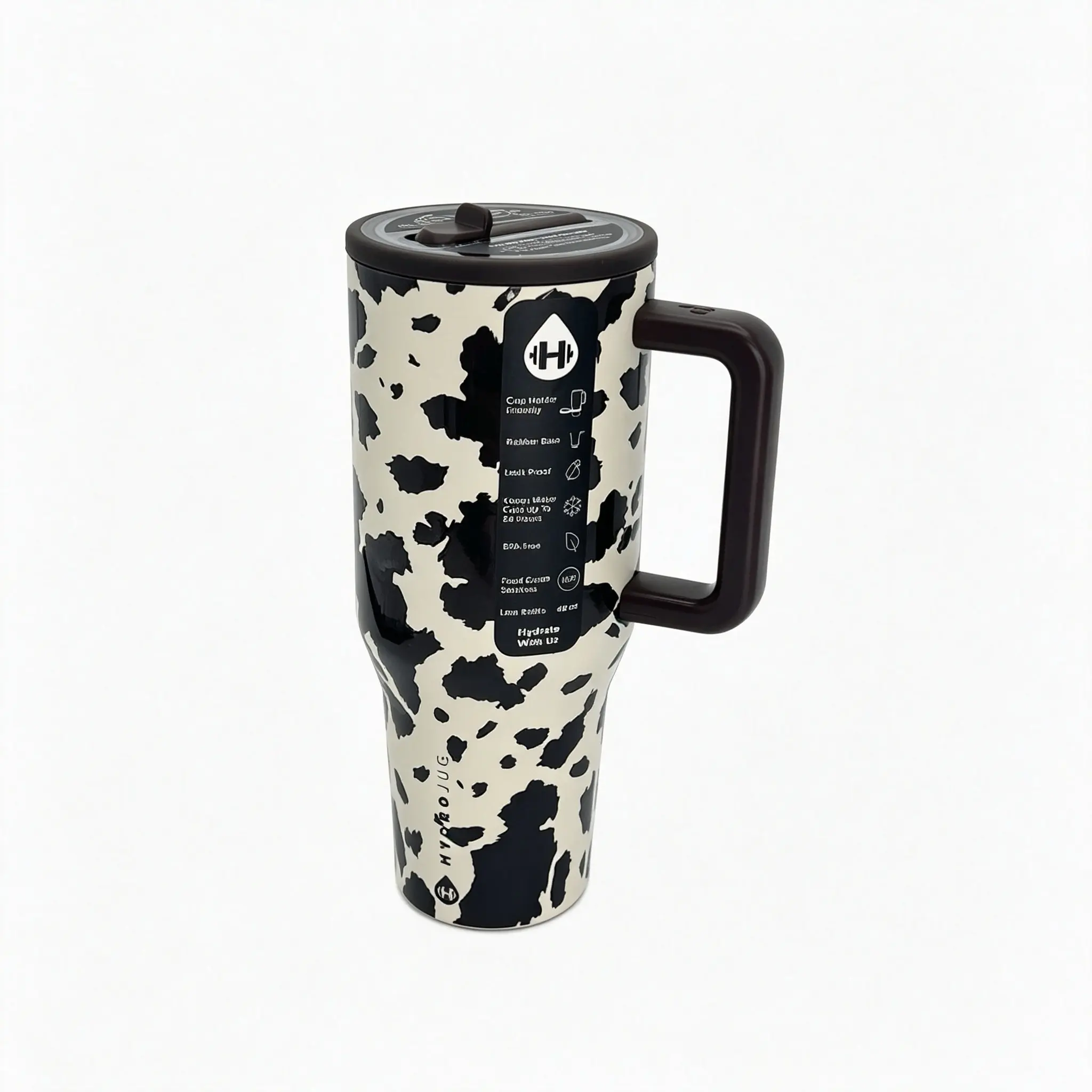 HydroJug 40oz Stainless Steel Insulated Water Bottle with Handle and Straw, Travel Mug, Leak-Proof Double-Wall Vessel, Dishwasher Safe, Fits Car Cup Holders, Keeps Beverages Cold for up to 24 Hours, BPA-Free, Vintage Cow Print