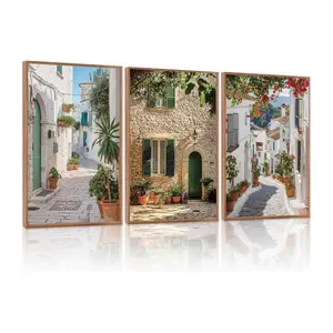 3pcs Vintage Italian Countryside Landscape Framed Wall Art,Mediterranean Italy Street Landscape Poster,Modern Europe Street Canvas Painting,Nature Scenery Art Print for Living Room Office Unframed