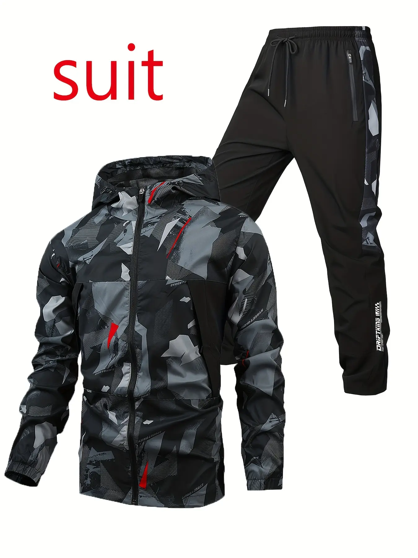 2pcs Men's Outdoor Casual Athleisure Sportswear Set, Casual Sportswear Outfit, Casual Athletic Sportswear, Athleisure Sweatsuit, Sporty Tracksuit, Camo Print Jacket + Long Pants, Fall & Winter, Pockets, Below Ankle, Fitted Style