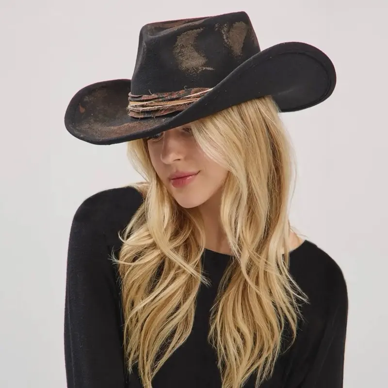 Vintage Distressed Shapeable Cowboy Fedora Hat with Distressed Band Cowgirl