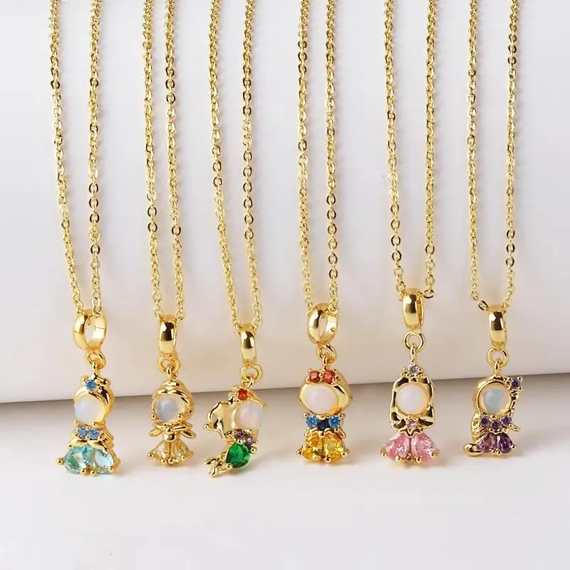 Fairy Tale Princess Necklace - Stainless Steel with Golden Tone Metal Coating, Colorful Zircon Accents, Daily Wear Jewelry for Elegant Sweet Temperament Fashion Costume Jewelry, Little Princess