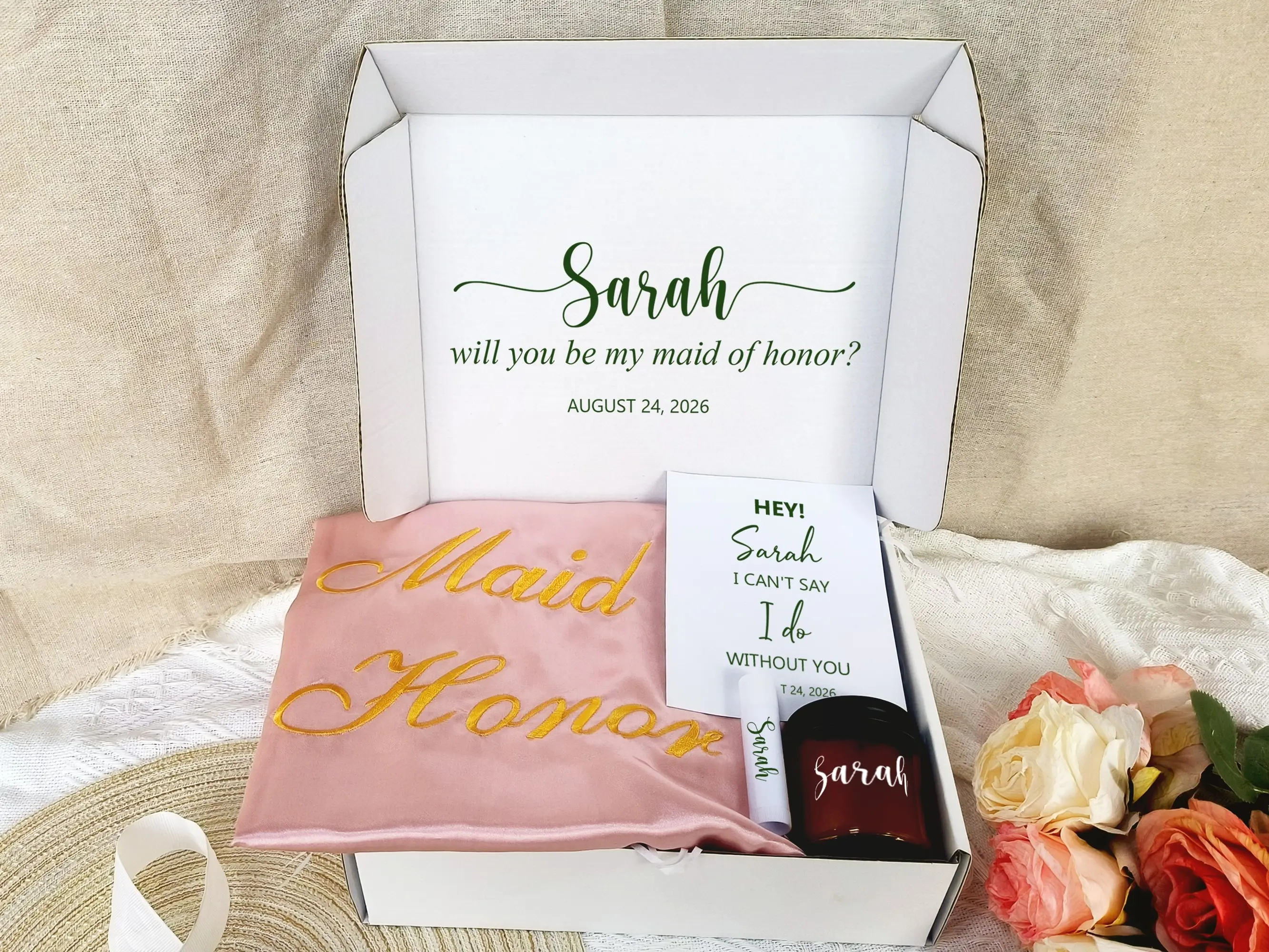 Personalized Bridesmaid Proposal Box - Custom Name Gift Set with Robe Scented Candle Lip Balm & Card for Special Occasions