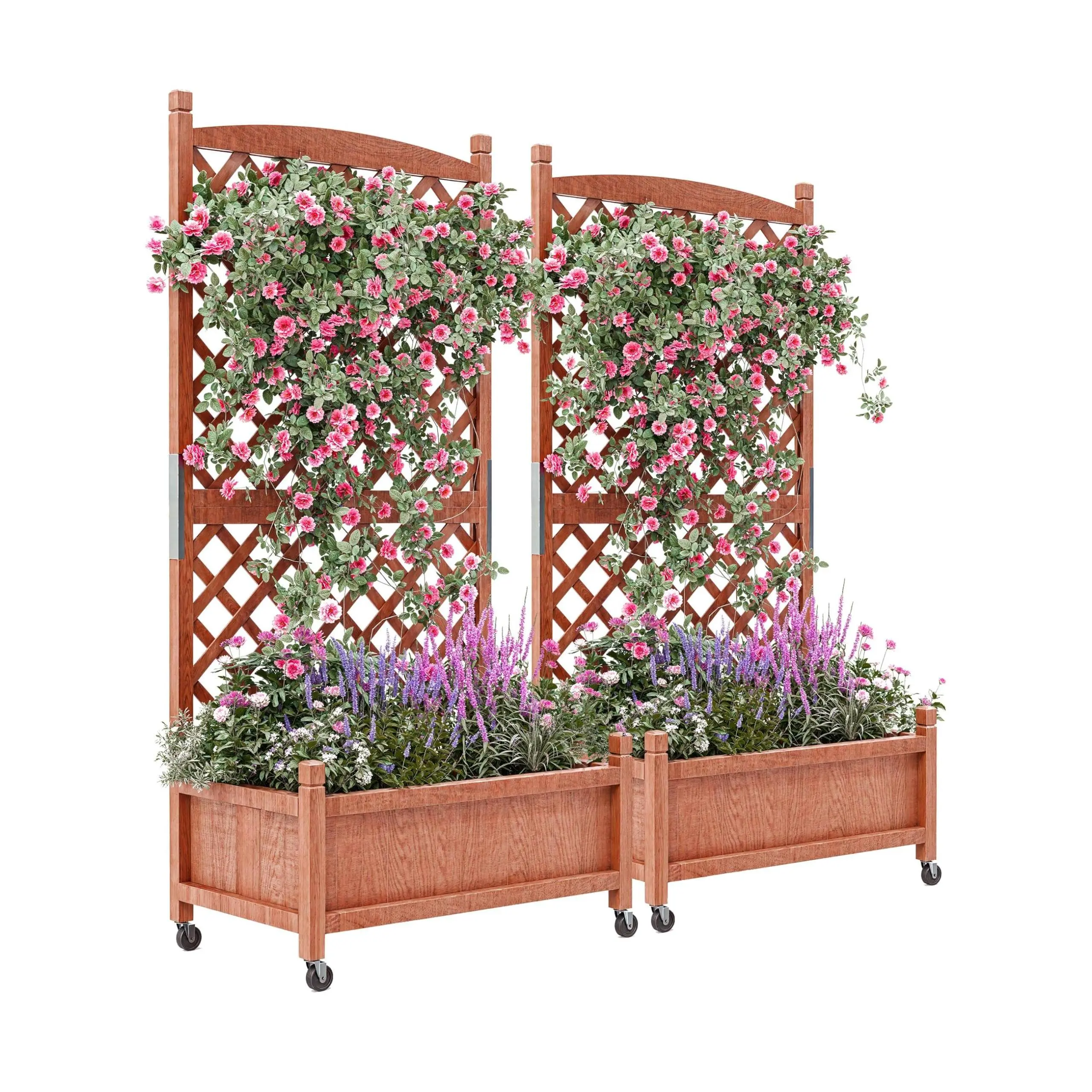 Freestanding Vertical Rustic Wooden Heavy Duty Climbing Planting Stand, 61.5" Height Raised Planter Box with Lattice Trellis, Built-in Drainage System, Lockable Wheels for Portable Indoor Outdoor Use, Heavy Duty Planter