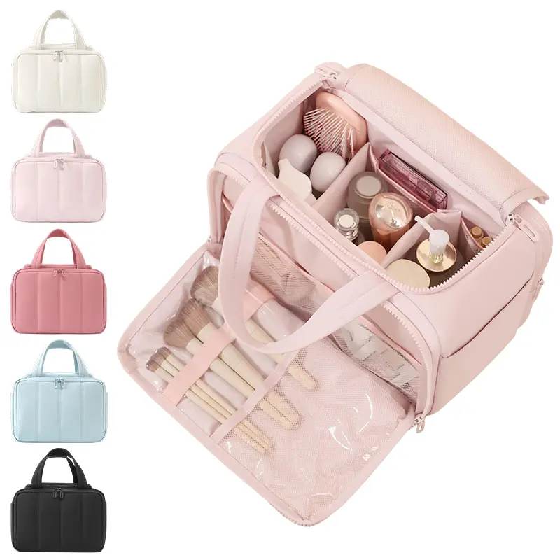  Large Capacity Travel Makeup Bag with Multiple Compartments, Waterproof Cosmetic Organizer with Brush Holder, Portable Toiletry Bag for Women