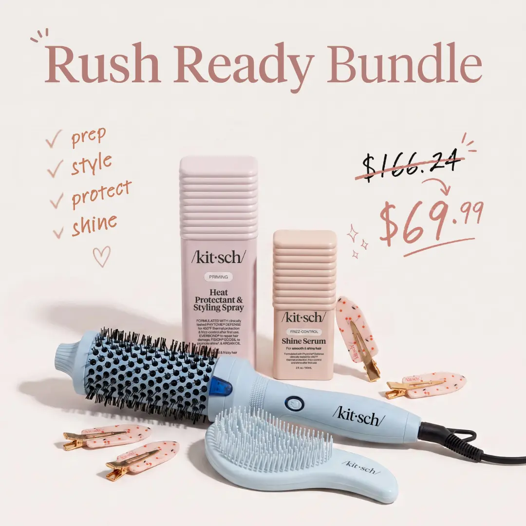 KITSCH RUSH READY BUNDLE – Blowout & Heat Styling Essentials - Large Volumizing Thermal Round Brush - Heat Protectant Mist - Shine Serum - Detangling Brush - Creaseless Clips