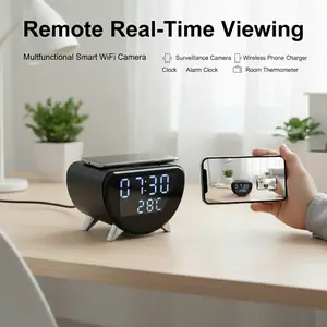 5-in-1 Multifunctional WiFi6 With Wireless Charging, 4K UHD Remote Viewing, Clock, Alarm, Thermometer – Home Office Hotel Use, Local SD Recording