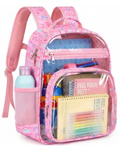 Clear Backpack with Colorful Print, PVC School Bookbag, Multi Pocket Schoolbag for Boys and Girls, Ideal for Travel, Vacation and Daily use