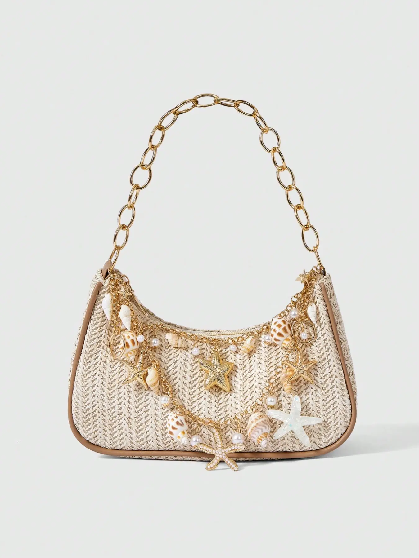 Boho Straw Embellished Shoulder Bag with Natural Shell Starfish Pendant, Summer Beach Bag, Versatile Crossbody Fashion Bag, Random Color Design, Fashionable Shoulder Bag, Handbag Shoulder Bag