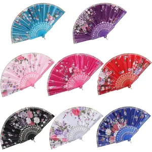 8 count Floral Folding Hand Fan  Handheld Lace Folding Fan with Different Flower Patterns Fabric Folding Fan for Wedding Dancing Party (Color Random Selected with Chinese rose)