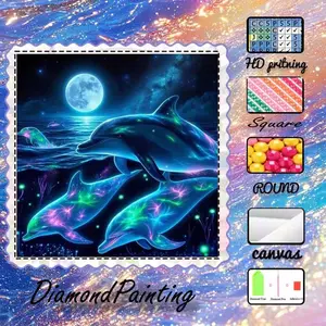 DIY 5D flocked cloth diamond painting kit, AB drills, fairy dust drills, crystal drills, dolphin, moon, night sky, diamond embroidery, special craft diamond art kit, wall decor, handcraft, gift for family, loved ones, friends
