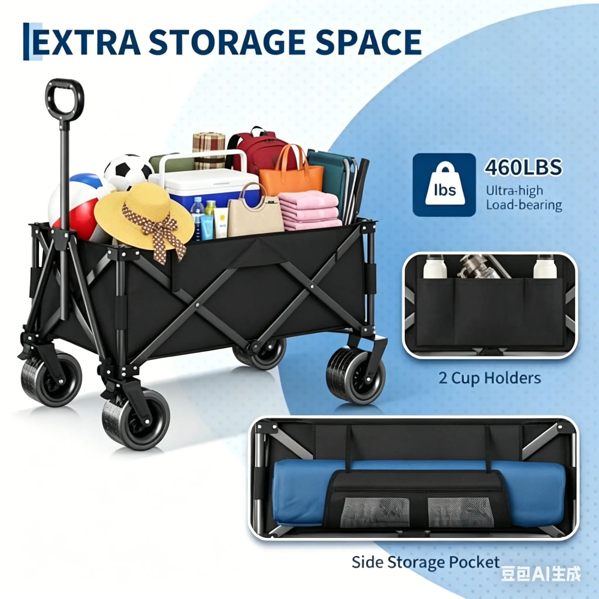 Trolley, with a 460-pound load capacity, is foldable and has a 280-liter capacity. It features all-terrain wheels, a beverage rack, a storage cover, and an elastic rope, making it suitable for a variety of uses, including grocery shopping, camping, a Coll