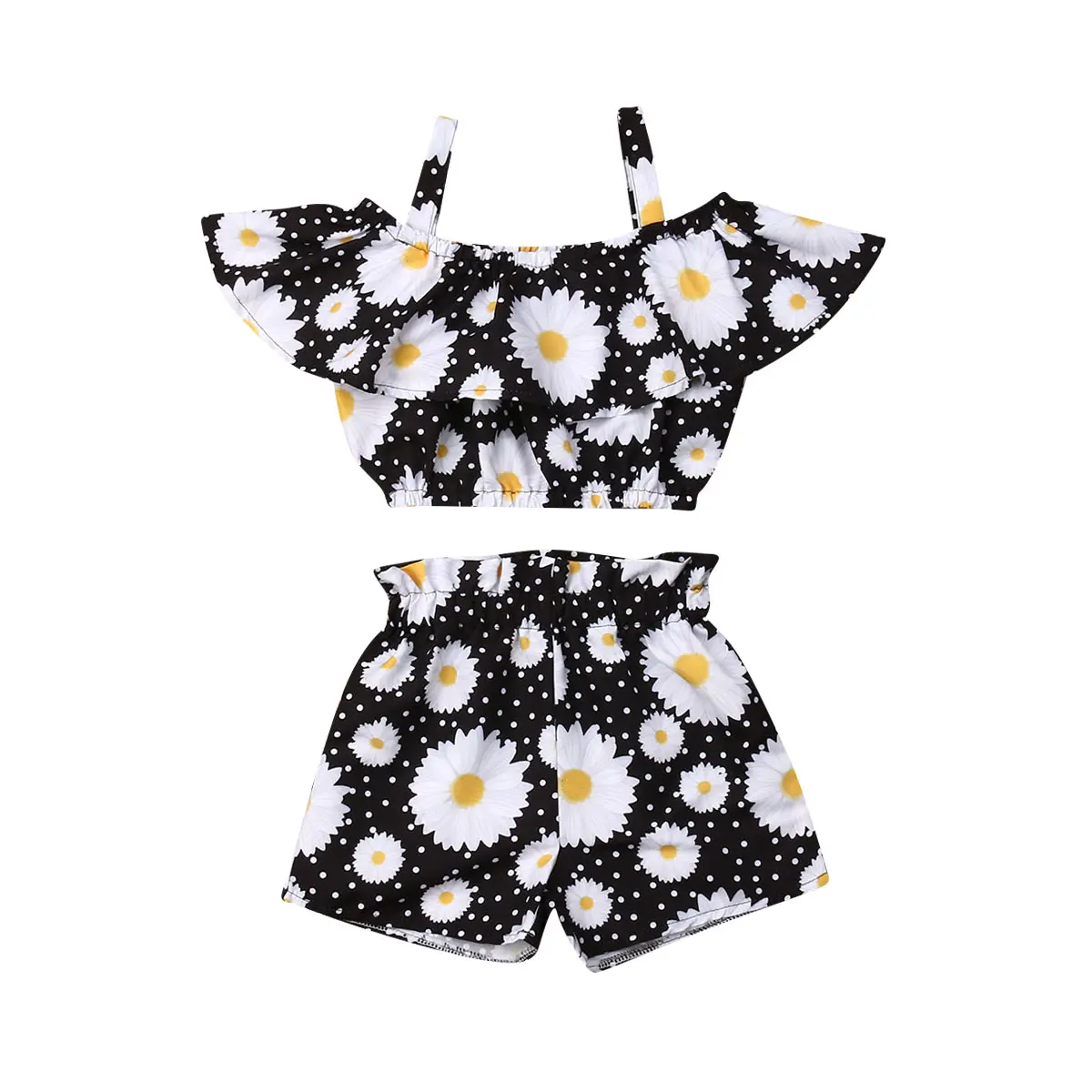 Toddler Baby Girl Clothes Outfits Set Off Shoulder Ruffled Daisy Flower Strap Crop Top Shorts 2pcs Summer Clothes Set