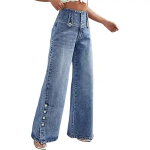 Women's High Waist Jeans Vintage Washed Side Buckle Decorated Wide Leg Pants Comfortable Fit Four Seasons Street Style Denim Trousers Women's Long Pants Size is small
