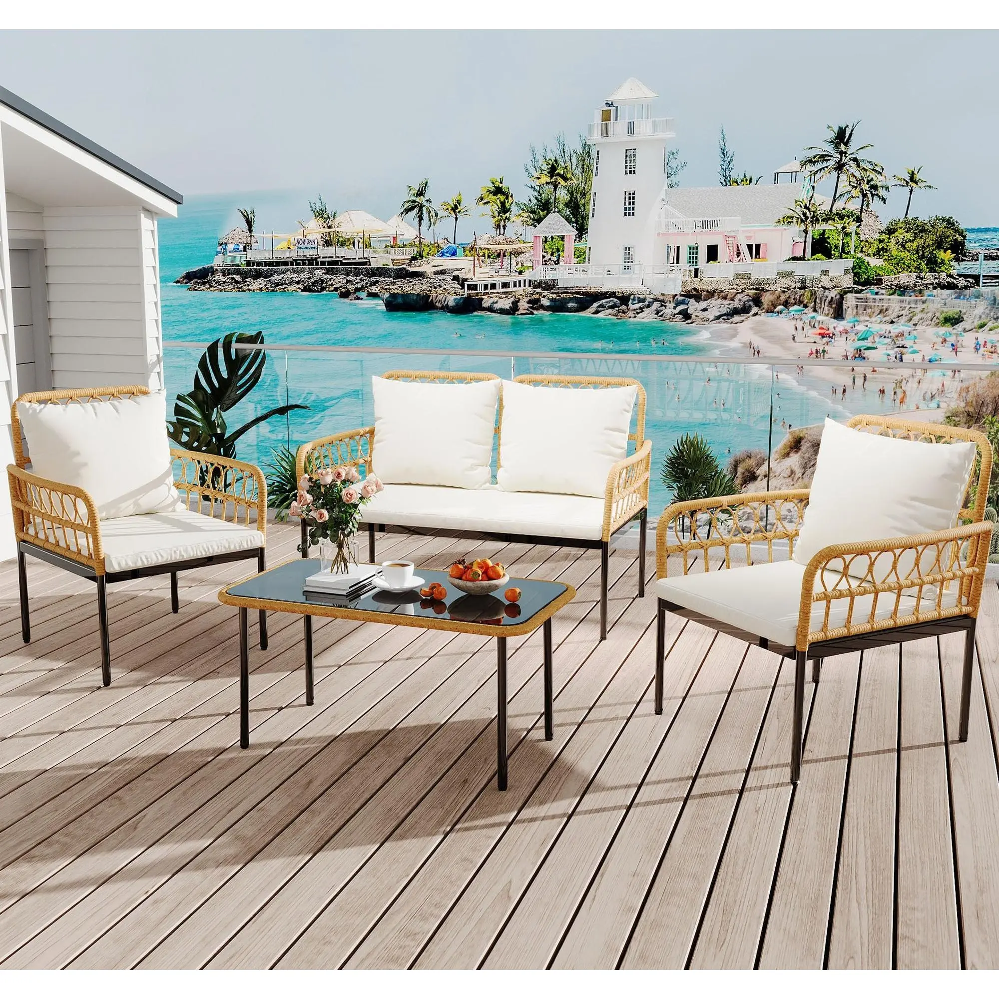 4-Piece Patio Bistro Set, All-Weather Wicker Rattan Furniture, Modern Lightweight Sectional with Thick Waterproof Cushions, Glass Coffee Table for Balcony Porch Deck Backyard