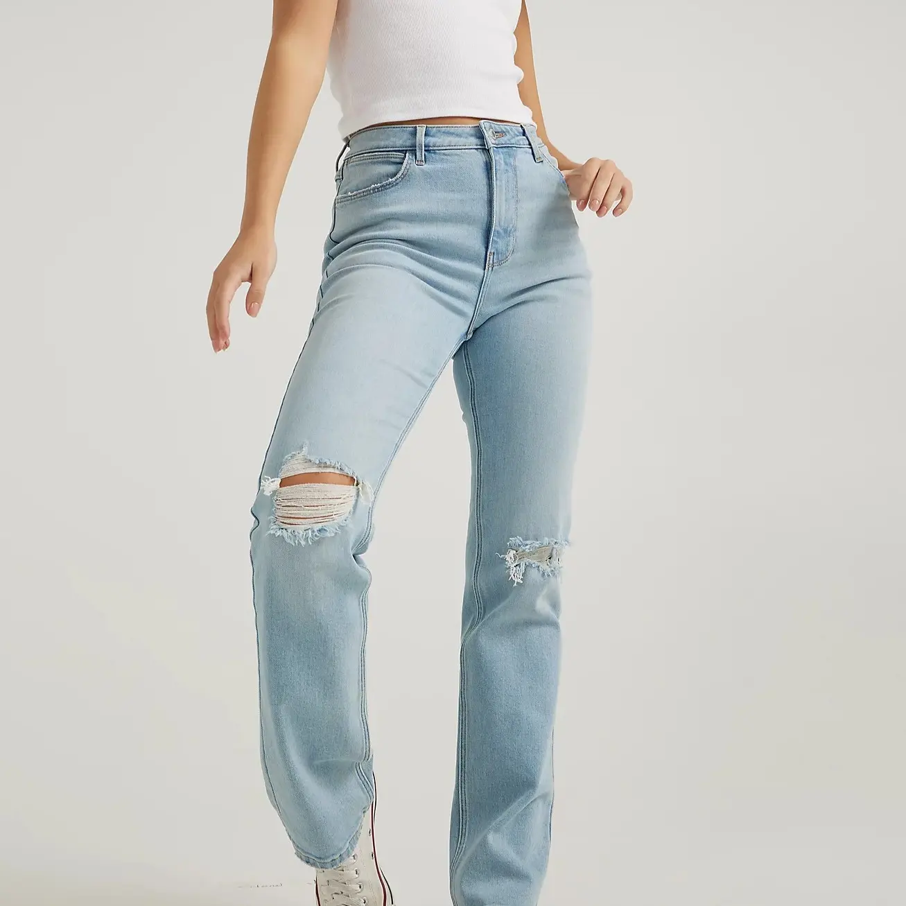 High-Rise Ripped Knee Straight-Leg Jeans