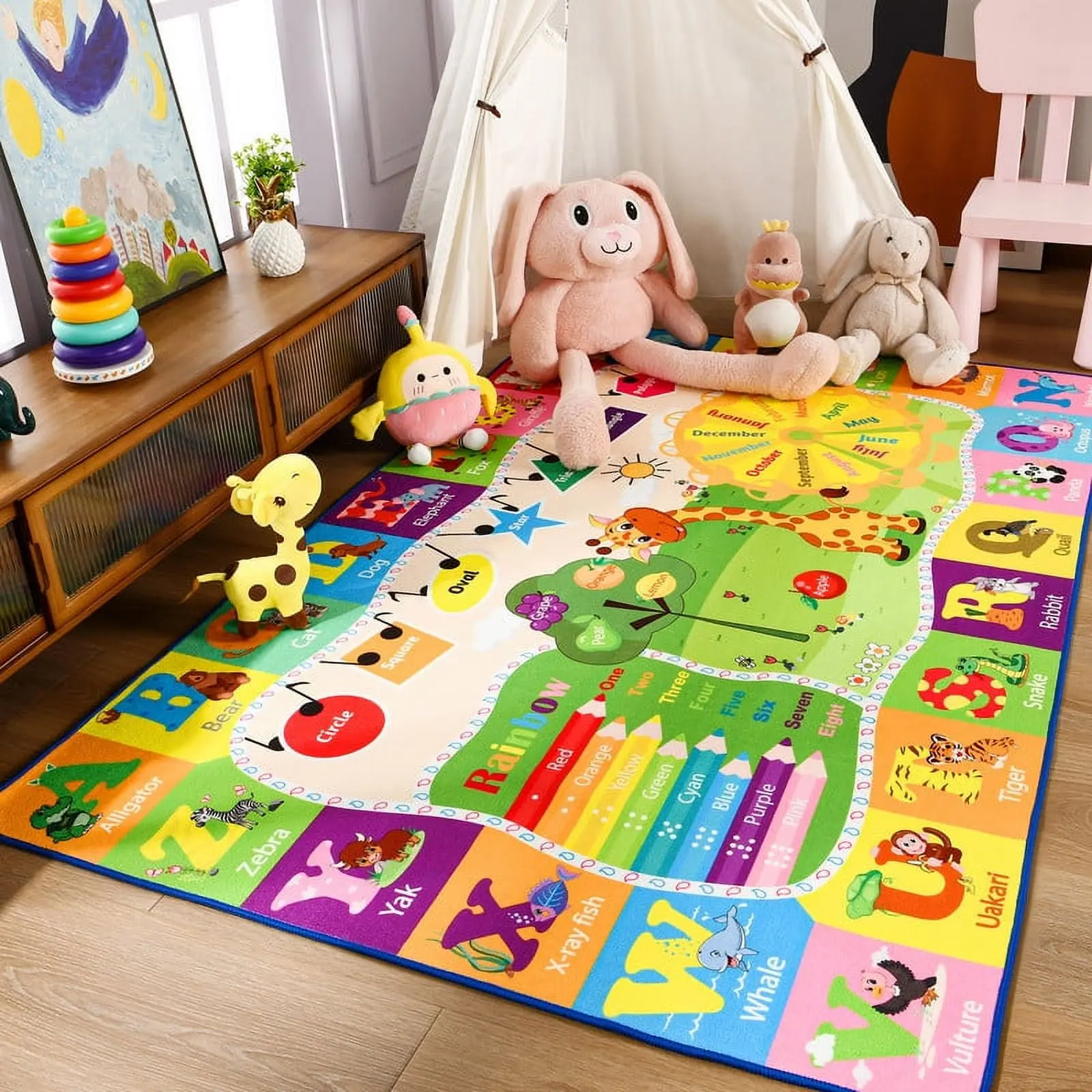 YJ.GWL Kids Play Rug Animal Rug ABC Educational Carpet Mat Children Area Rug for Playroom, Bedroom, Nursery, 3'X5', 4'X6', 5'X7', Green Yellow