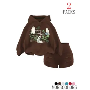 Women's Autumn/Winter Warm Hooded Drawstring Sweatshirt Set, Cute Plant Printed Pocket Design, Fashionable Sports Shorts, 2-piece Set, Pocket Sportswear, Sportswear Casual SetRAIMENTRY