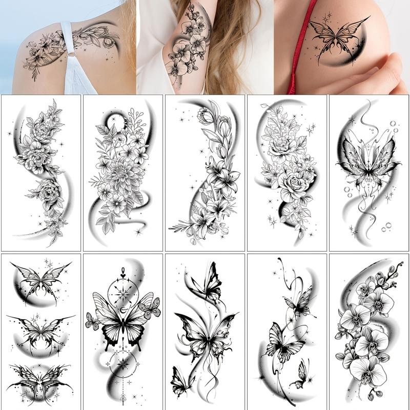 Women's Realistic Waterproof PVC Temporary Tattoos - 10 Half-Sleeve Black Flowery Butterfly Detailed Artwork, Glitter & Moons Design, Nature-Inspired Aesthetic, Unscented, No Battery Needed, Suitable for Kids