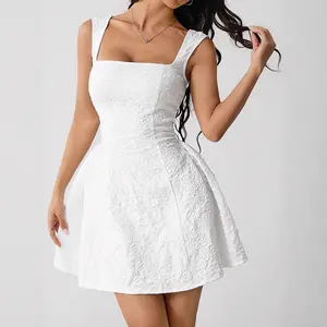 Lady's Women's Square Neck Puff Sleeveless A-Line Strappy Summer Mini Dress, Stylish Women's Clothes for Formal Occasions