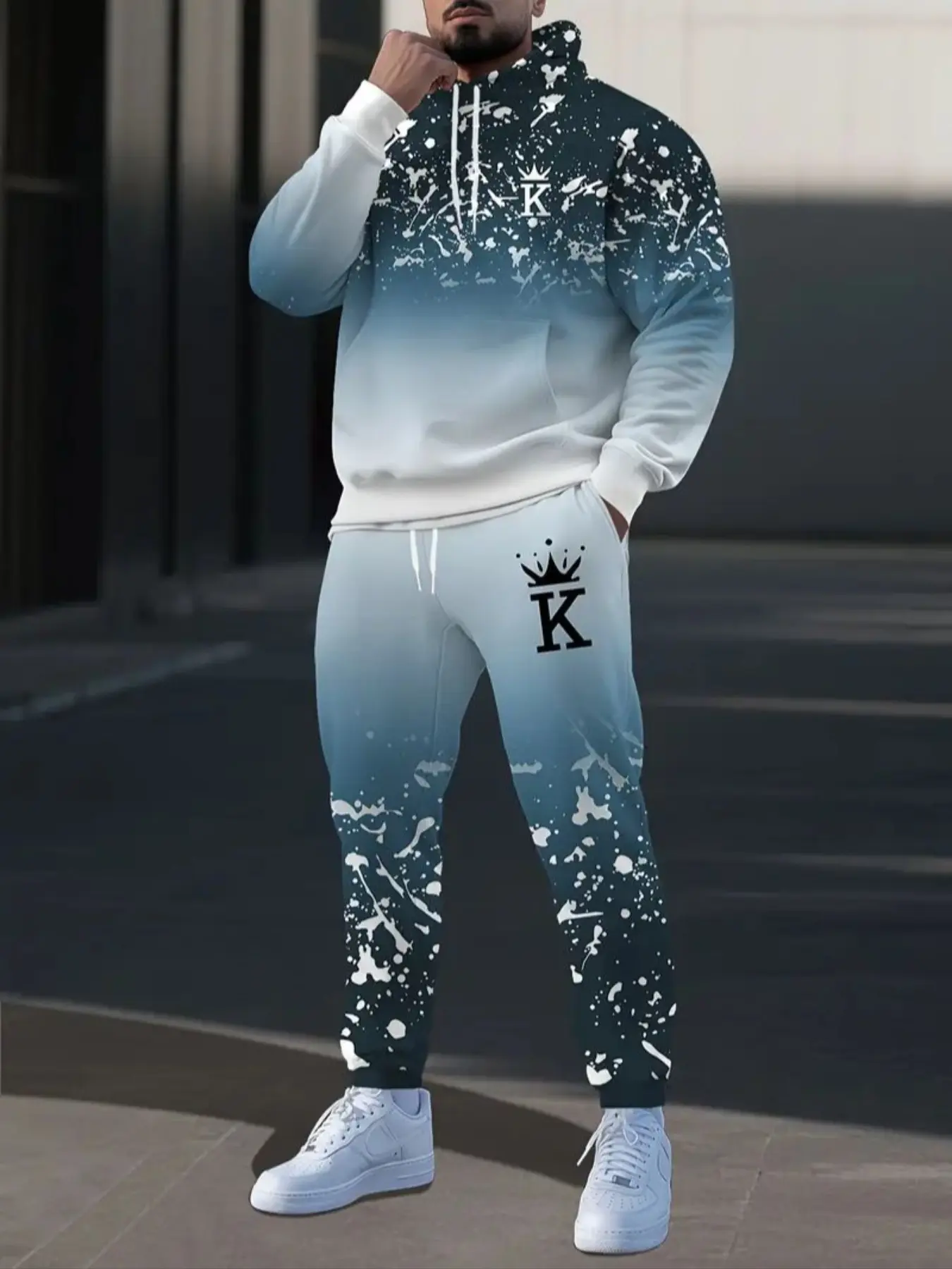 Men's Fashion Geometric Wolf Print Hoodie Sweatshirt Set, Casual Long Sleeve Pullover with Pockets & Drawstring Waist, Fall Winter Streetwear