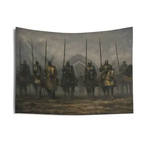 Trial By Seven Indoor Wall 36" x 26" Tapestry - Fog - Horses - Medieval - Battle - Sir Duncan - Gift for Men and Women