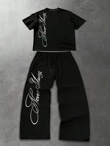 Unisex Y2K Style 2-Piece Set, Spring Summer Trendy Streetwear, Graphic Letter Print Short Sleeve & Long Pants, Casual Daily Wear