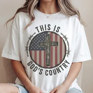 God's Country Flag Cross Graphic Tee, 100% Cotton Patriotic Christian Faith Shirt, Classic USA Religious Style, Soft Breathable Casual Top for Daily All Season Wear