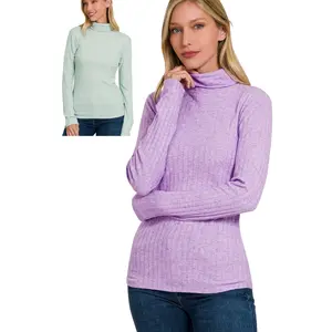 Zenana Long Sleeve Ribbed Knit Turtleneck - Lavender or Lt Green
