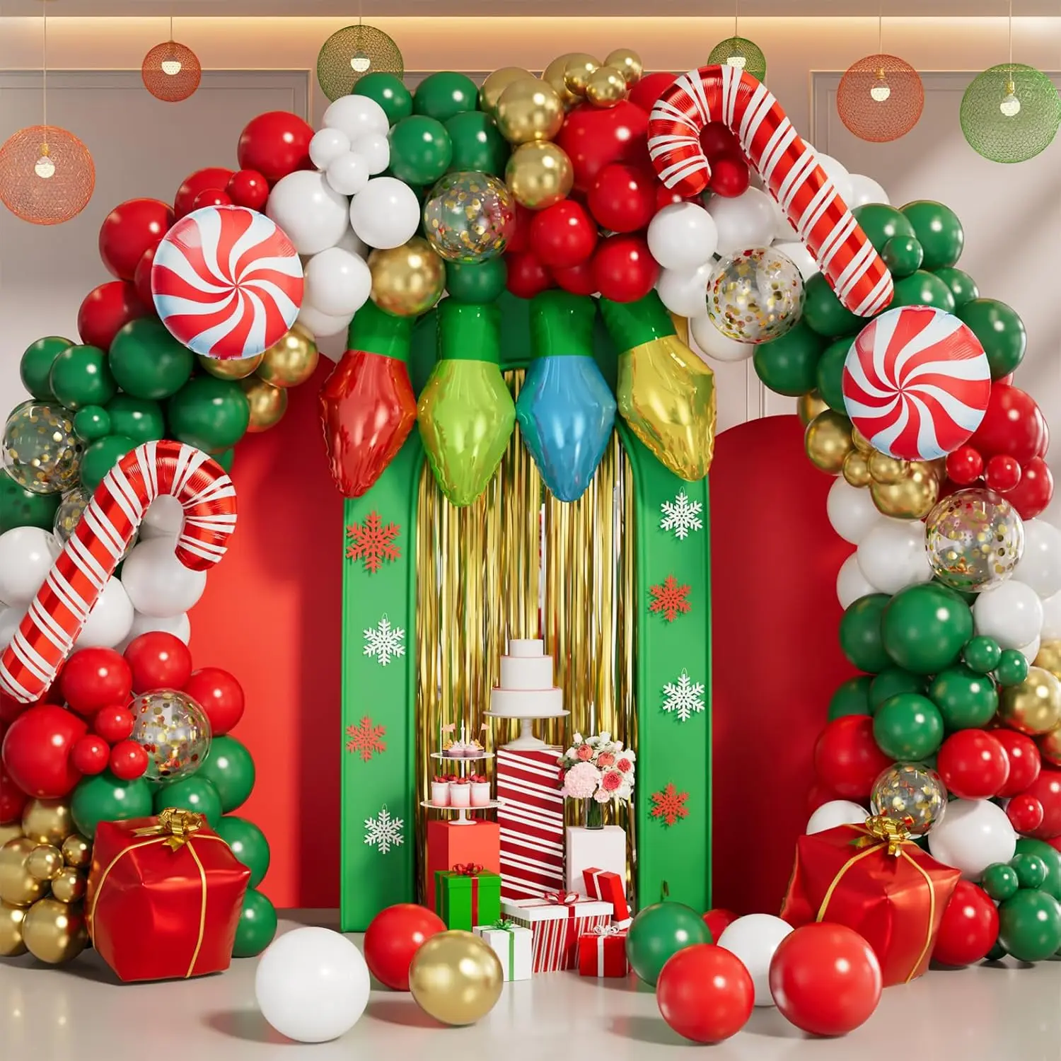 145Pcs Christmas Balloon Garland Arch Kit With Xmas Red White Green Gold Confetti Balloons Light Bulb Candy Cane Gift Box Foil Balloons For Christmas Party Decorations New Year Party Supplies