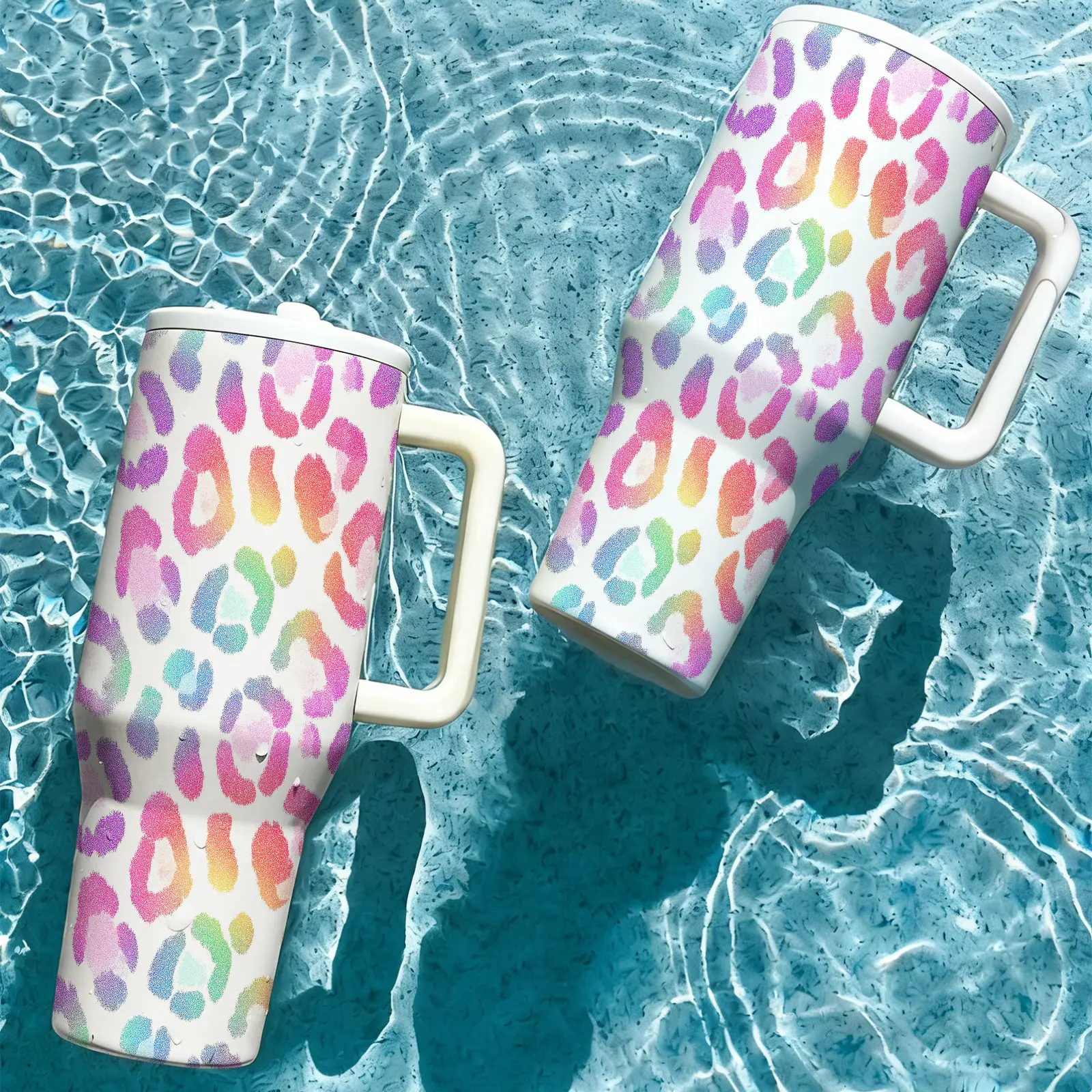 1 Pc Rainbow Leopard Print thermal mug, Vacuum Insulated Cup, Insulated Drinkware, Insulated Stainless Steel, 40oz with handle, leak proof lid, keeps hot 12h cold 24h, for iced coffee, sweat free grip, travel office daily, gift for women men