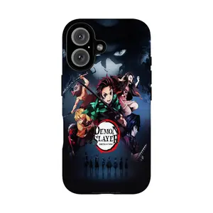 A *Demon Slayer* anime-themed film-style phone case, compatible with iPhone 12, 13, 14, 15, 16, and 17 models. The interior of the case features a TPU silicone lining that provides additional protection.