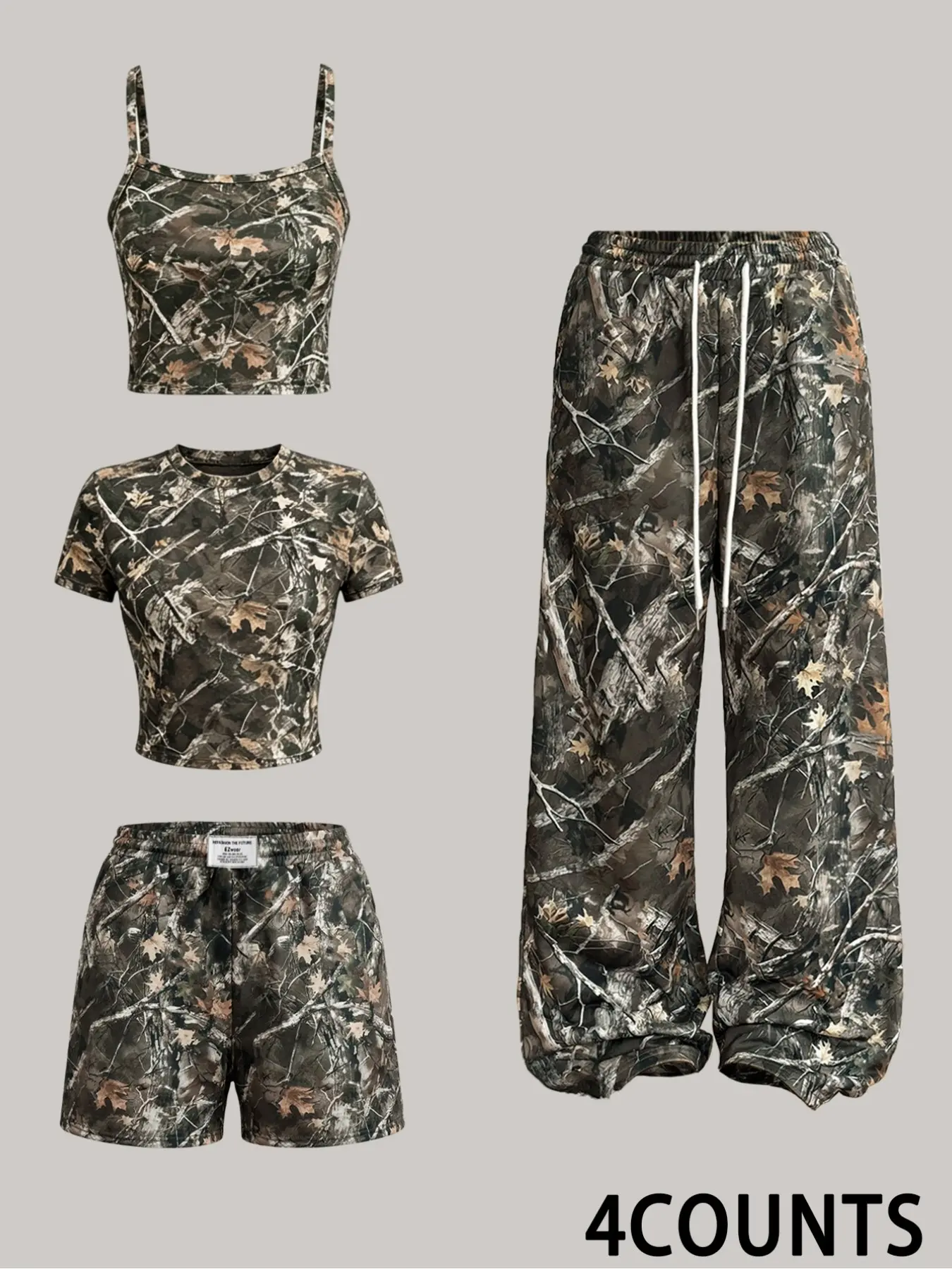 Summer American Retro Vintage Leaf Camouflage Four-Piece Set, Womenswear, Fitted Tank Top, Short Sleeve, Drawstring Wide Leg Pants, Casual Shorts, Street Style, Fashion, Summer Matching Set