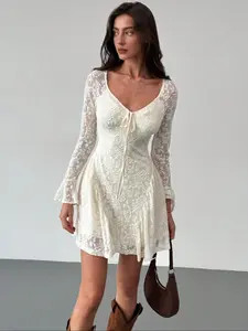 Women's Plain   Tie Front Dress, Elegant Long Sleeve A Line Short Dress for Party Holiday Wedding Guest, Ladies Clothes for All Seasons