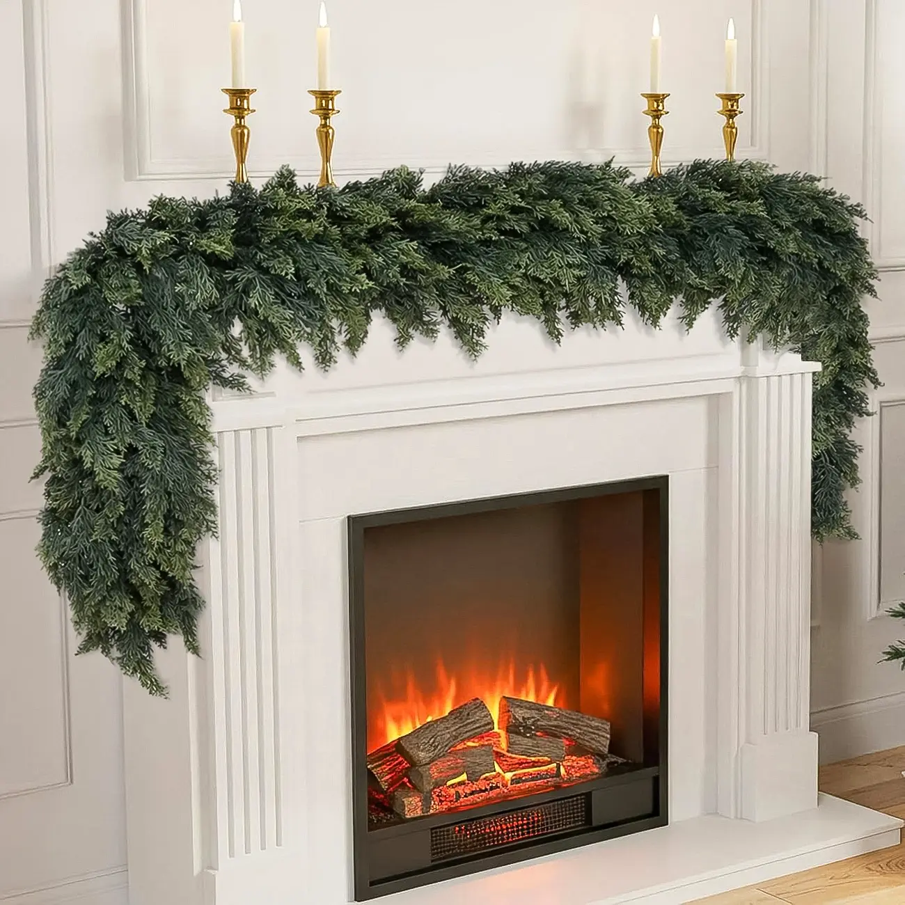 6 FT 2 Pcs Artificial Cedar Garlands, Real Touch Winter Cedar Garland, Lush Artificial Snow Cedar Greenery Swag for Table Mantle Wall Indoor Outdoor Christmas Holiday Home Decor（2, 6 FT)