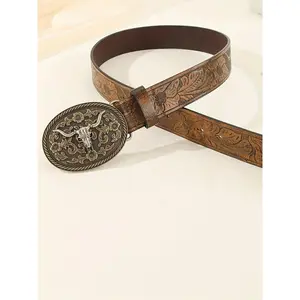 Vintage Flowers Embossed Western Belt with Cow Decor Buckle, Western Belt Buckles, Fashion All-match Cowboy Waistband for Jeans, Trendy Accessories for Daily Life