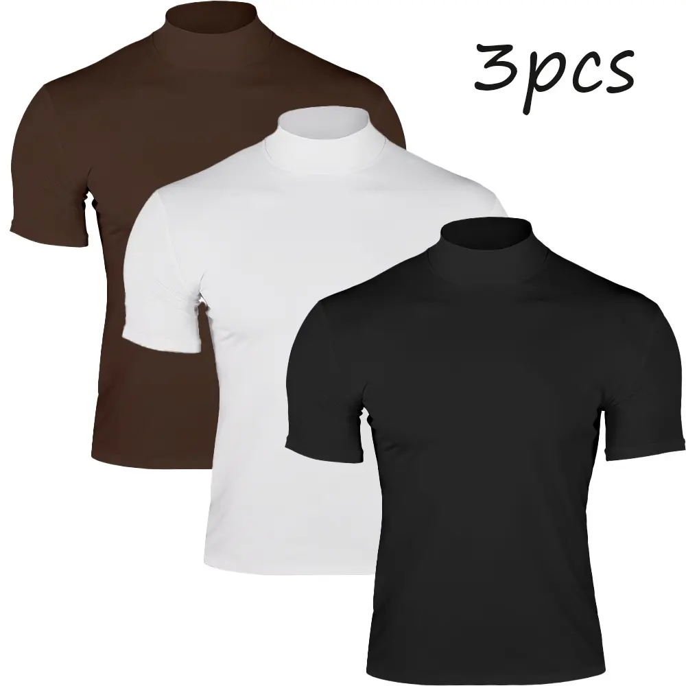 Men’s 3 Pack Turtleneck Short Sleeve T-Shirts, Tight Fit Solid Color Base Layer Tops for Summer Gym Workout, Fitness Training, Casual & Daily Wear